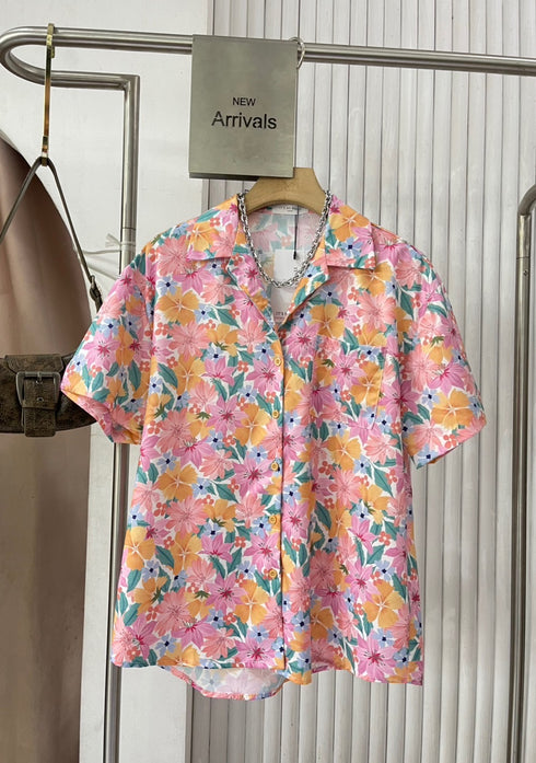 Spring Floral Half Sleeves Collar Down Shirts